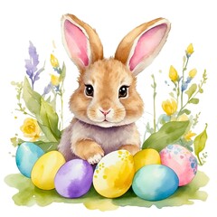 Watercolor illustration portrait of an easter fluffy
bunny rabbit with easter eggs and flowers on isolated white background.

