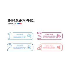 Thin line business infographic with text and icons. Four elements connected with text boxes and icons.