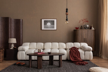 Interior design of modern living room interior with white boucle modular sofa, wooden coffee table,...