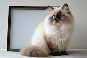 himalayan cat with fur brushed sitting by an empty ad frame
