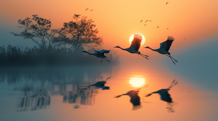 Elegant cranes gracefully gliding above a serene marshland, their silhouettes perfectly mirrored in the still waters below.