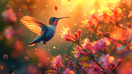 Hummingbirds hovering delicately around a burst of blooming flowers, their iridescent feathers catching the golden sunlight in a mesmerizing display of iridescence.