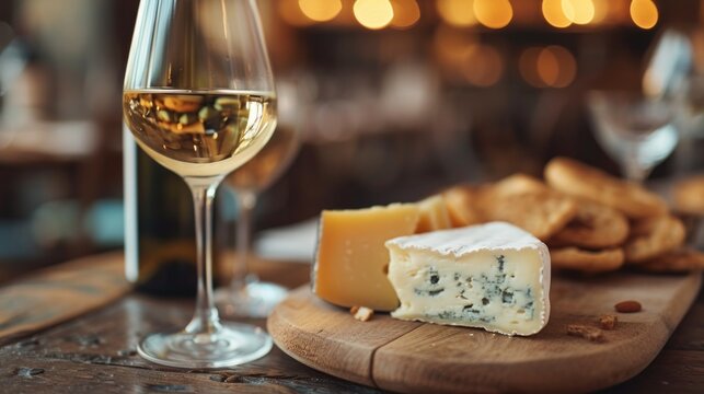 A picture of a wine glass and cheese on a romantic table, endorsing restaurants.
