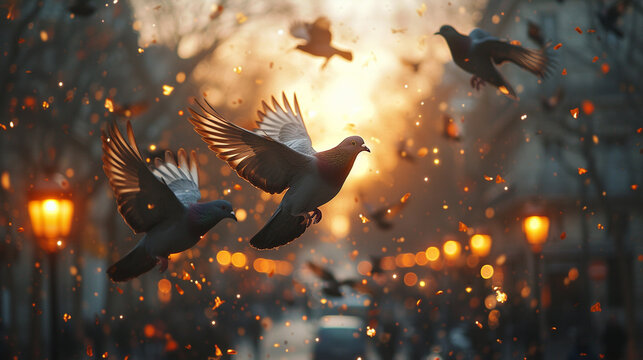 Pigeons taking flight from the bustling city streets below, their wings catching the warm glow of streetlights as they ascend into the urban night sky.