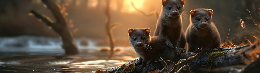 Mink family in the forest with setting sun shining. Group of wild animals in nature. Horizontal,...