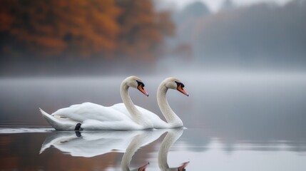 A pair of swans gliding serenely across the mirror-like surface of a tranquil lake
