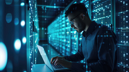 Portrait of IT Specialist Uses Laptop Specialist Uses Laptop in Data Center. Server Farm Cloud Computing Facility with Male Maintenance Administrator Working on Cyber Security and Network Protection