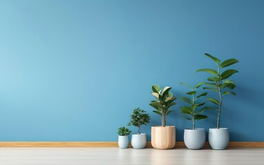 Cozy stylish minimalistic interior. The indoor potted plants decoration in modern room with a wooden floor and blue wall. AI Generative.