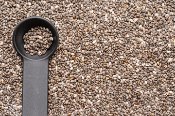 Spoon of chia seeds over chia seeds. Food background.