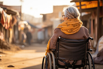 Obraz premium Elderly woman in wheelchair is captured from behind, contemplating tranquil street, basked in warm glow of setting sun