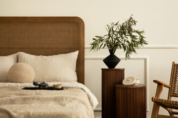 Cozy composition of bedroom interior with cozy bed, beige bedding, wooden bedside table, rattan...
