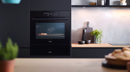 Smart oven in a modern kitchen Showcasing the oven's touchscreen interface 