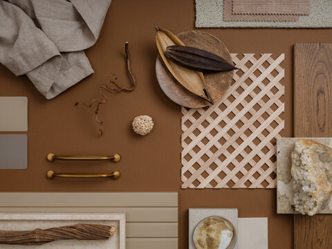 Creative flat lay composition of interior designer moodboard with textile and paint samples, panels and tiles. Color palette. Copy space. Template.	