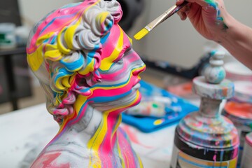 person painting a marble bust with bright pop art colors