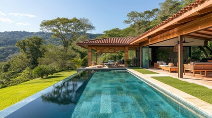 Tropical Luxury Villa with Infinity Pool on a lush plateau - AI Generated Digital Art