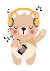 Funny teddy bear listening music with headphones