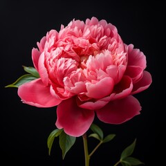 Vibrant Pink Peony Flower Against Black Background. A striking pink peony in full bloom, its petals exuding vibrancy and vitality, stands out against a deep black background.
