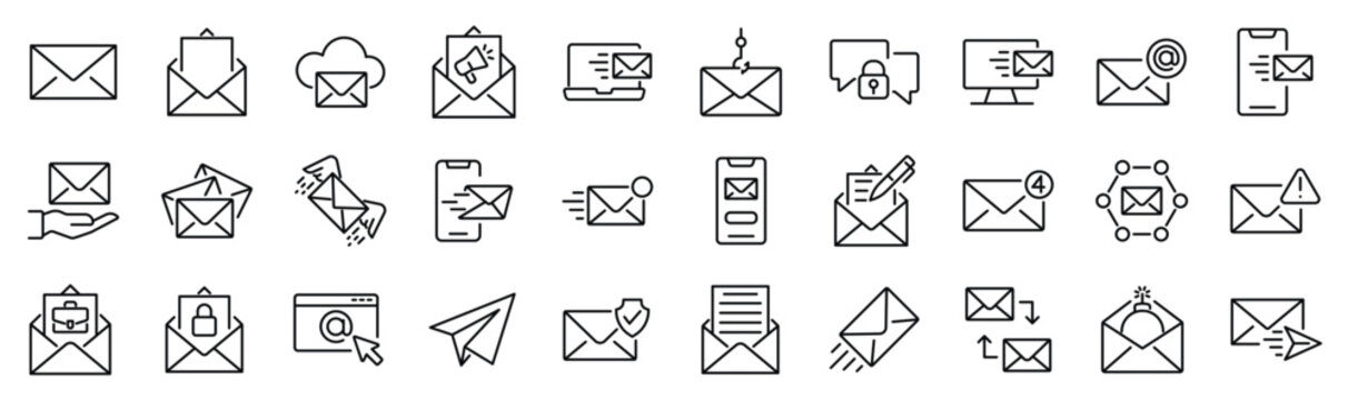 Set of 30 outline icons related to email. Linear icon collection. Editable stroke. Vector illustration