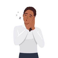 Young woman standing and sleeping tired dreaming with her eyes closed. Women pretending to sleep and making gesture. Sleepy tired woman falling asleep being exhausted