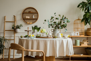 Warm and spring dining room interior with easter accessories, round table, vase with green leaves, cake, colorful eggs, rabbit sculpture and personal accessories. Home decor. Template. - obrazy, fototapety, plakaty