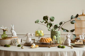 Warm and cozy composition of easter dining room interior with round table, cake, hare sculpture,...