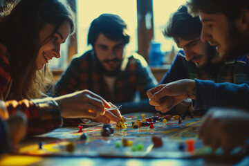 Dynamic Board Game Session: Energetic Young Adults Engrossed in Playful Competition, Radiating Vibrant Atmosphere of Friendship and Shared Joy - obrazy, fototapety, plakaty