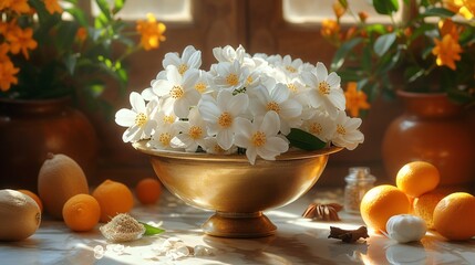Fresh White Flowers in a Golden Bowl A Perfect Blend of Spring and Easter Generative AI