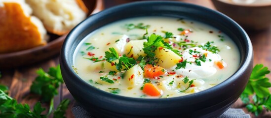Potato soup with mixed vegetables, sour cream, and parsley. - obrazy, fototapety, plakaty
