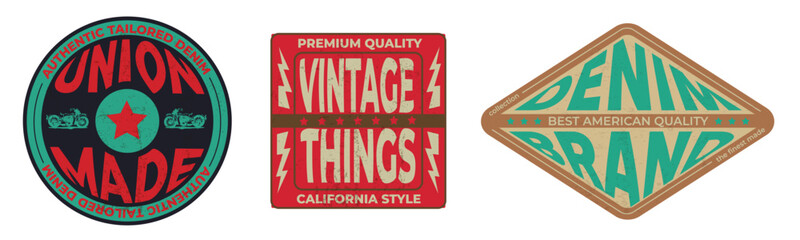 Labels of denim typography, t-shirt graphics, vectors, collection. Vintage badge design. 