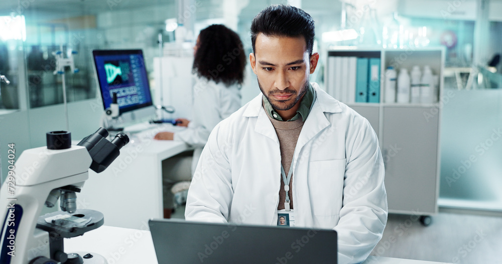 Aufkleber Scientist, man and reading computer for laboratory test, typing report or medical results of DNA at night. Asian expert thinking on computer for science research, biotechnology and molecule analysis