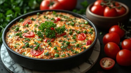 Freshly baked Turkish dish with cherry tomatoes and herbs