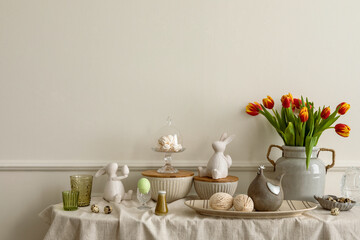 Minimalist composition of living room nterior with copy space, vase with tulips, bread in basket,...