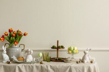 Creative composition of easter living room interior with copy space, vase with spring tulips,...