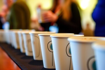line of coffee cups ready for conference break, attendees in line