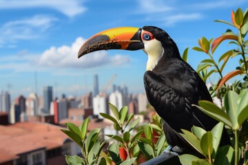 toucan on an urban rooftop garden with skyline horizon