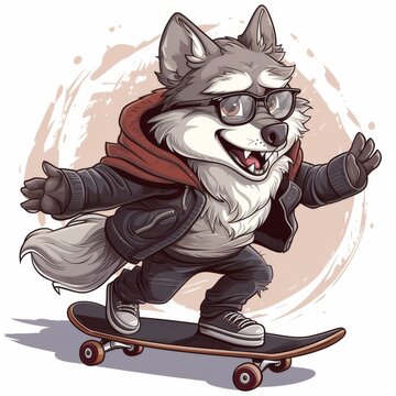 Happy Wolf Character in Glasses and Leather Jacket Glides on Skateboard, Perfect for Design & Print