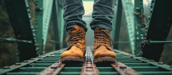 Boot-wearing man on bridge. - obrazy, fototapety, plakaty