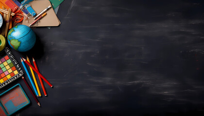 Education background with copy space for text,  Paper and pencils over chalkboard background

