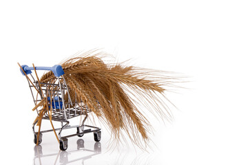 Spikelets of wheat in a supermarket trolley. Food Security, Crisis. White isolated background.