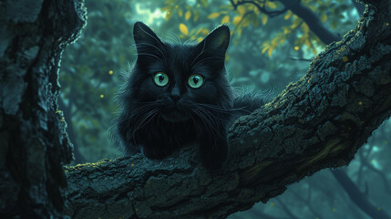 A black cat with bright green eyes sitting on a tree branch at dusk.