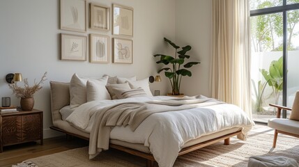 An airy bedroom featuring a platform bed, white linens, and a minimalistic gallery wall