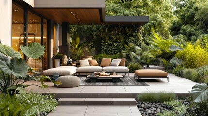 An inviting outdoor patio with contemporary furniture and lush greenery - 729905086