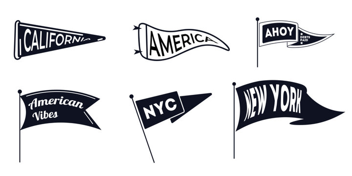 Camping pennant flags, camp pendants for adventure sport and travel hiking, vector. Varsity scout camping or university camper pennant flags, mountain tourism,