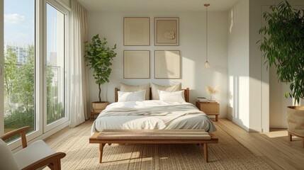 An airy bedroom featuring a platform bed, white linens, and a minimalistic gallery wall