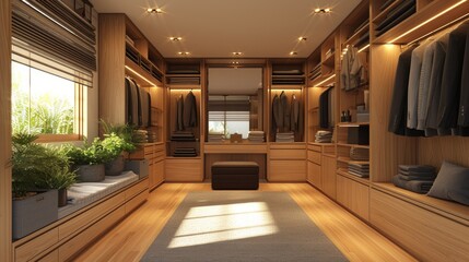 A stylish walk-in closet with organized shelving and a full-length mirror.