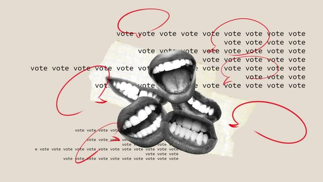 Many human, female mouth expressing personal opinion, voting on election day. Stop motion, animation. Concept of voting day, democracy, politics, choice, freedom, social opinion. Political campaign