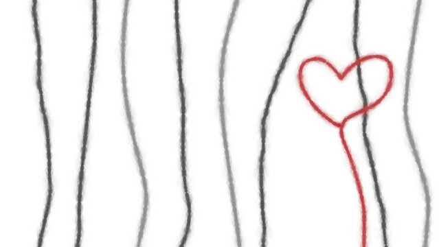 Vertical ropes of dark color along with a red thread of fate forming a heart.