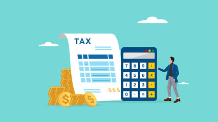 annual income tax filing, Doing taxes accounting and annual financial paperwork, tax form or annual notification of monthly duty and debt, businessman standing near a big calculator tax and calender - obrazy, fototapety, plakaty