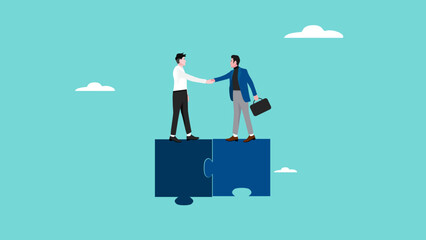 business agreement, cooperation in business to achieve certain targets, growth or progress to achieve goal and target, two business people shaking hands at puzzle