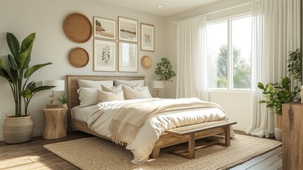 An airy bedroom featuring a platform bed, white linens, and a minimalistic gallery wall